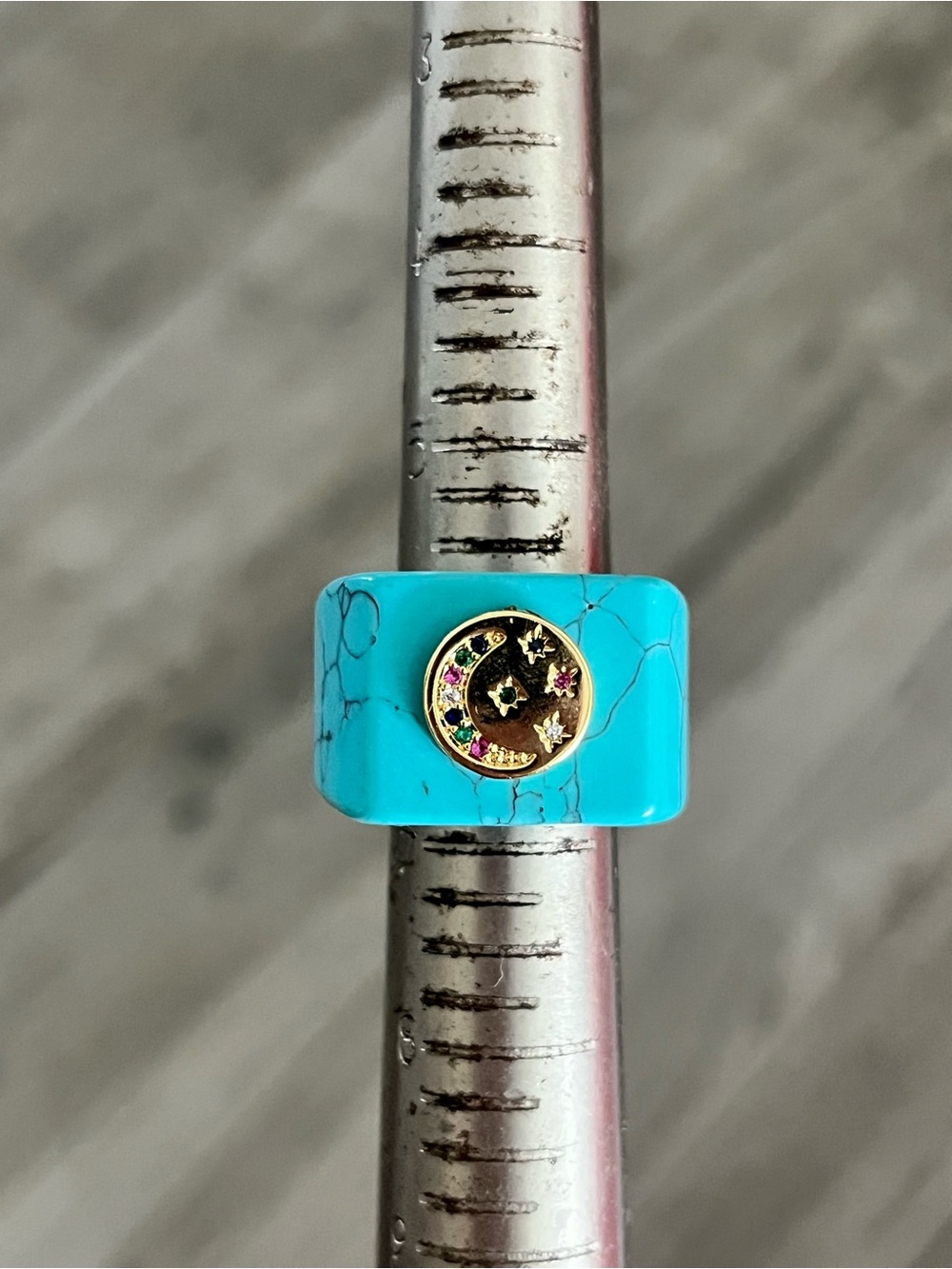 Howlite Crescent Moon Ring with Multicolor Stones sz6